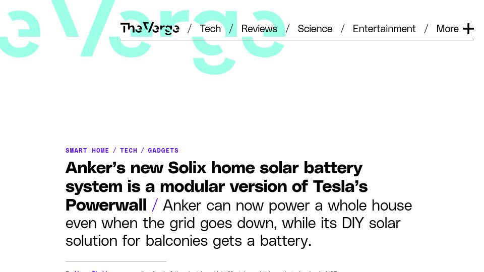 Screenshot of theverge.com: Anker’s Solix home solar battery system is its answer to Tesla’s Powerwall
