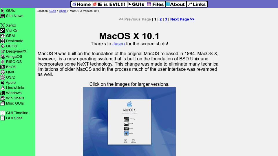 Screenshot of toastytech.com: MacOS X 10.1 (2001)