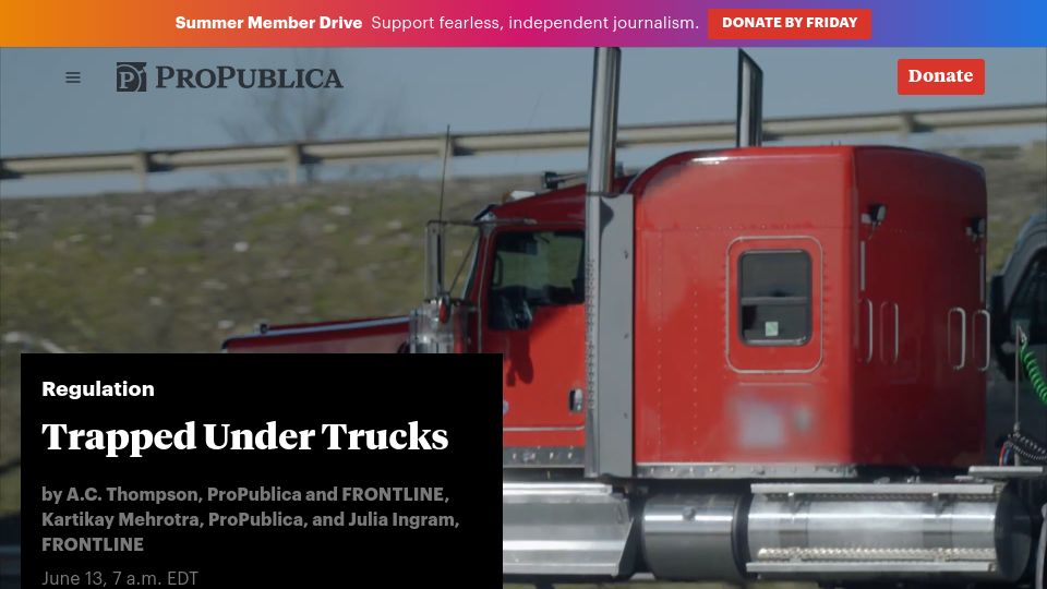 Screenshot of propublica.org: Trapped Under Trucks