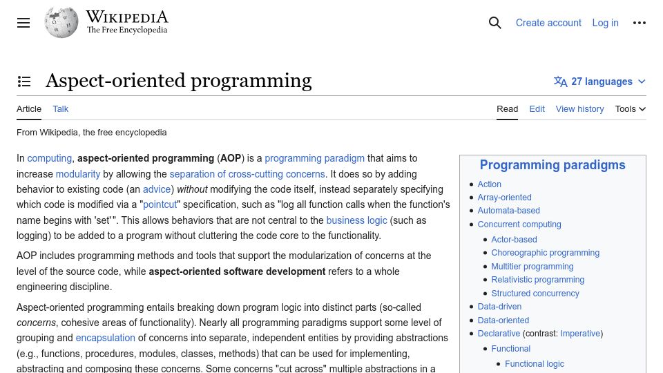 Screenshot of en.wikipedia.org: Aspect-Oriented Programming
