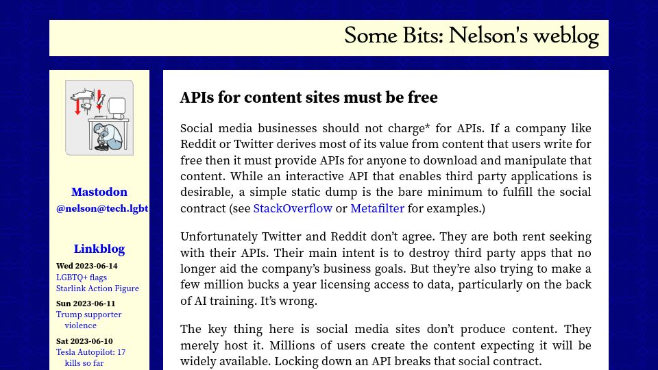 Screenshot of somebits.com: APIs for content sites must be free