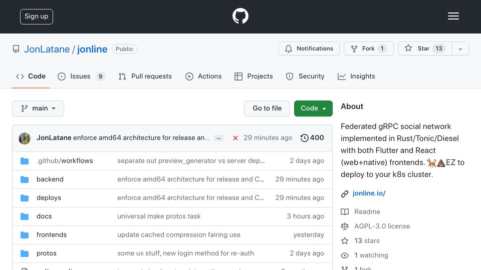 Screenshot of github.com: Show HN: Jonline, AGPLv3 Social Network Built with Rust, Flutter, React, gRPC