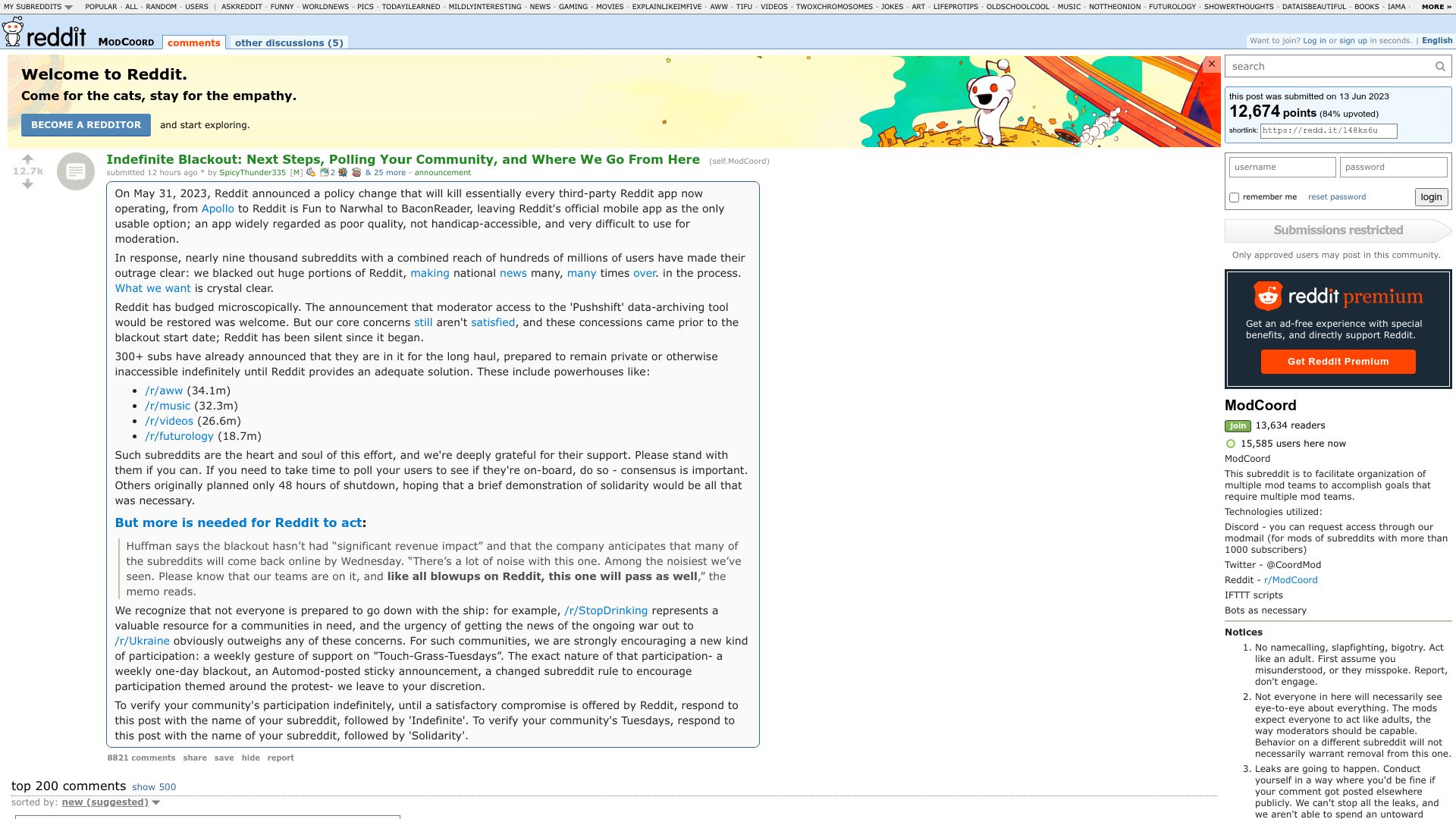 Screenshot of old.reddit.com: The Reddit blackout will continue