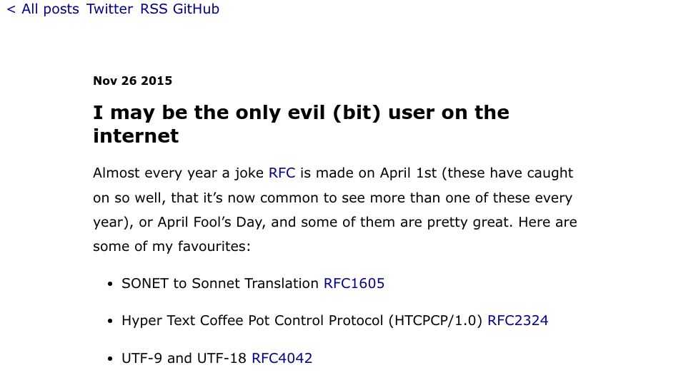 Screenshot of blog.benjojo.co.uk: I may be the only evil (bit) user on the internet (2015)