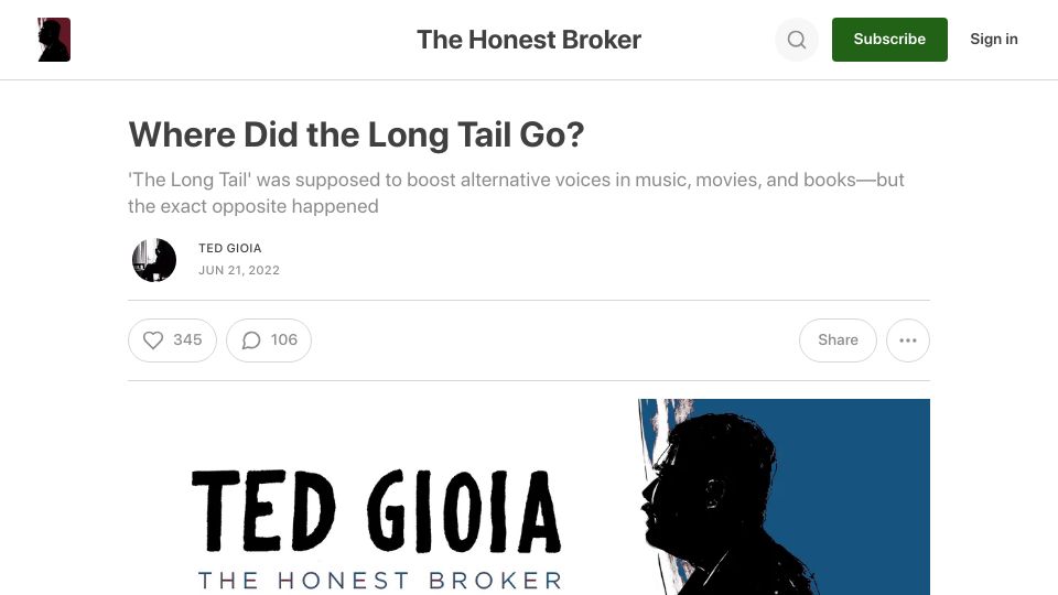 Screenshot of honest-broker.com: Where did the long tail go? (2022)