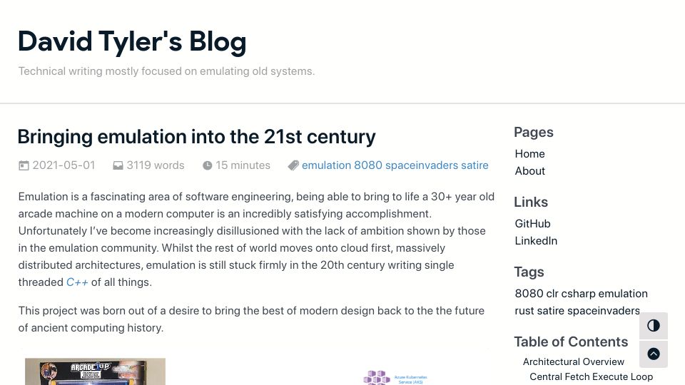 Screenshot of blog.davetcode.co.uk: Bringing emulation into the 21st century (2021)