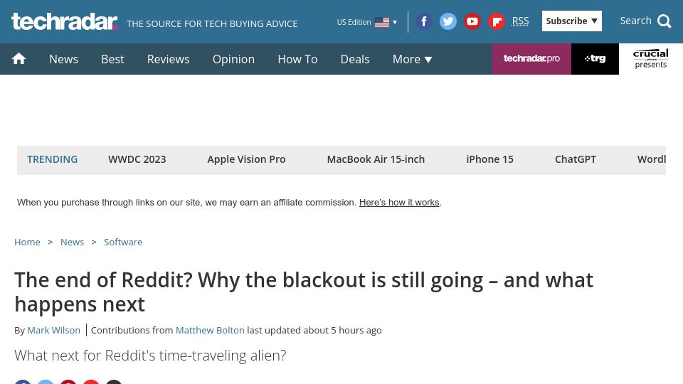 Screenshot of techradar.com: The end of Reddit? Why the blackout is still going – and what happens next