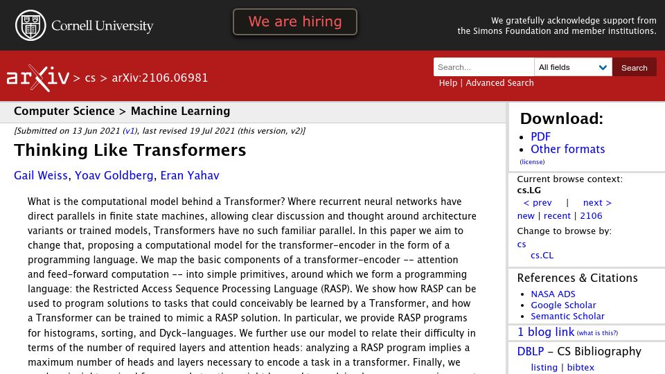 Screenshot of arxiv.org: Thinking Like Transformers (2021) [pdf]