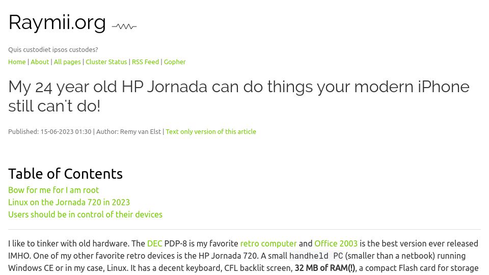 Screenshot of raymii.org: My 24 year old HP Jornada can do things an iPhone still can't do