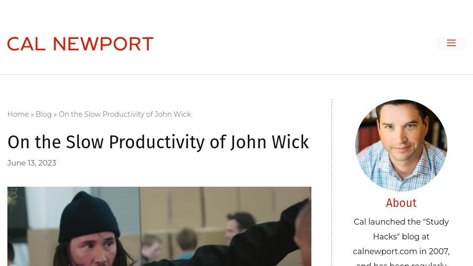 Screenshot of calnewport.com: On the slow productivity of John Wick