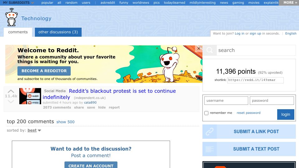 Screenshot of old.reddit.com: Reddit’s blackout protest is set to continue indefinitely
