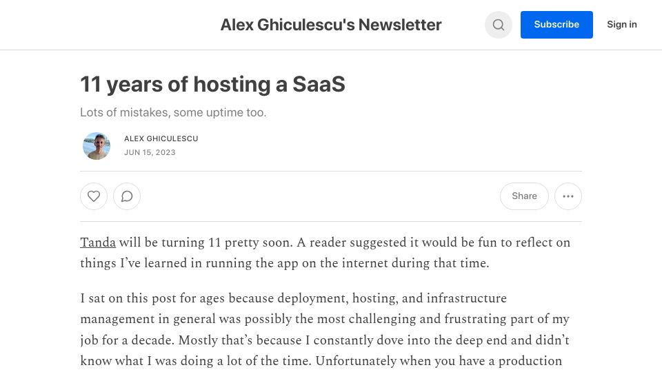 Screenshot of ghiculescu.substack.com: 11 years of hosting a SaaS