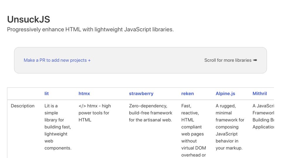 Screenshot of unsuckjs.com: UnsuckJS: Progressively enhance HTML with lightweight JavaScript libraries