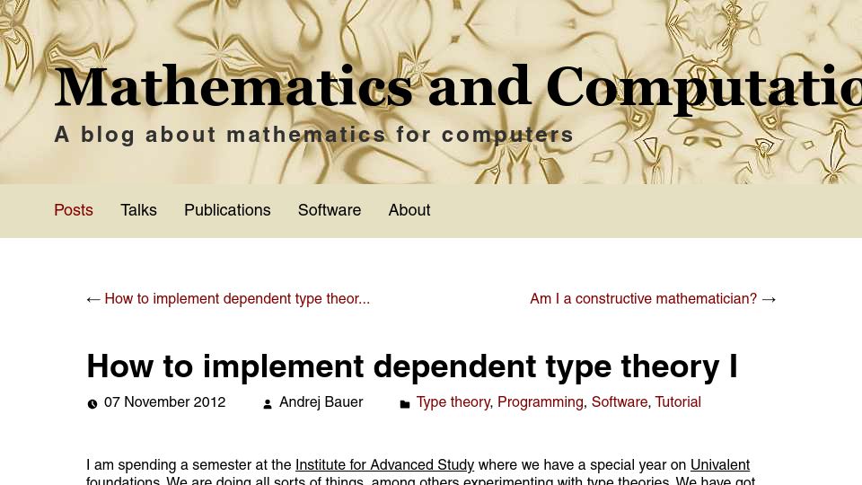 Screenshot of math.andrej.com: How to implement dependent type theory I (2012)