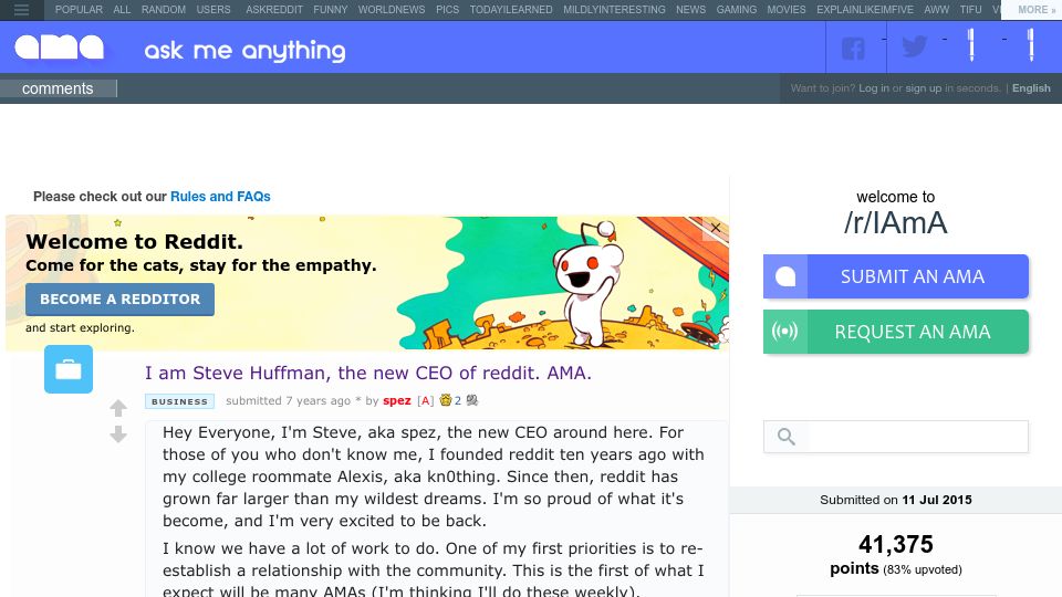 Screenshot of old.reddit.com: I am Steve Huffman, the new CEO of Reddit. AMA. (2015)