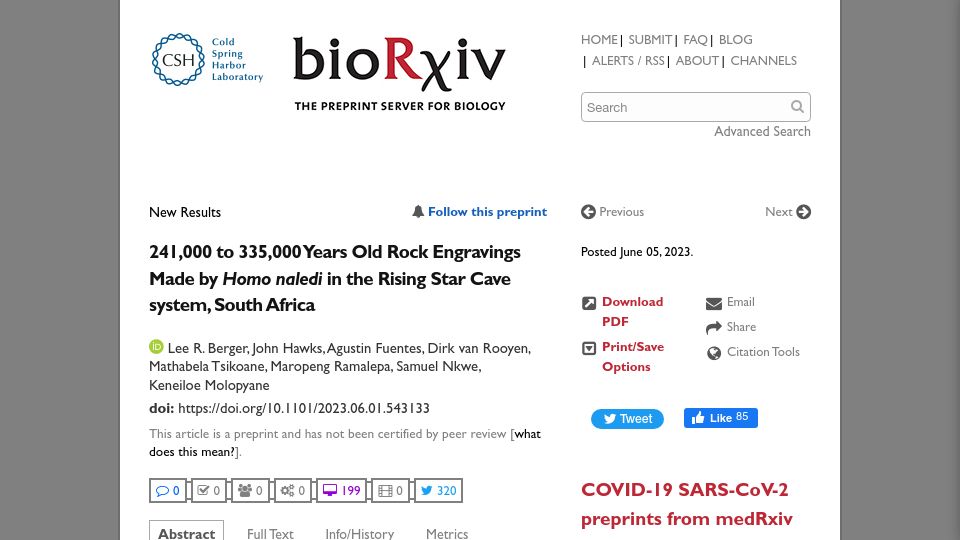 Screenshot of biorxiv.org: Rock engravings made by Homo Naledi ~300k years ago