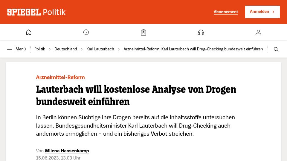 Screenshot of spiegel.de: Germany wants to legalize quality control of illegal drugs