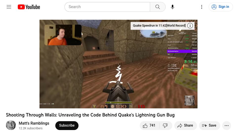 Screenshot of youtube.com: Quake's lightning gun bug explained [video]