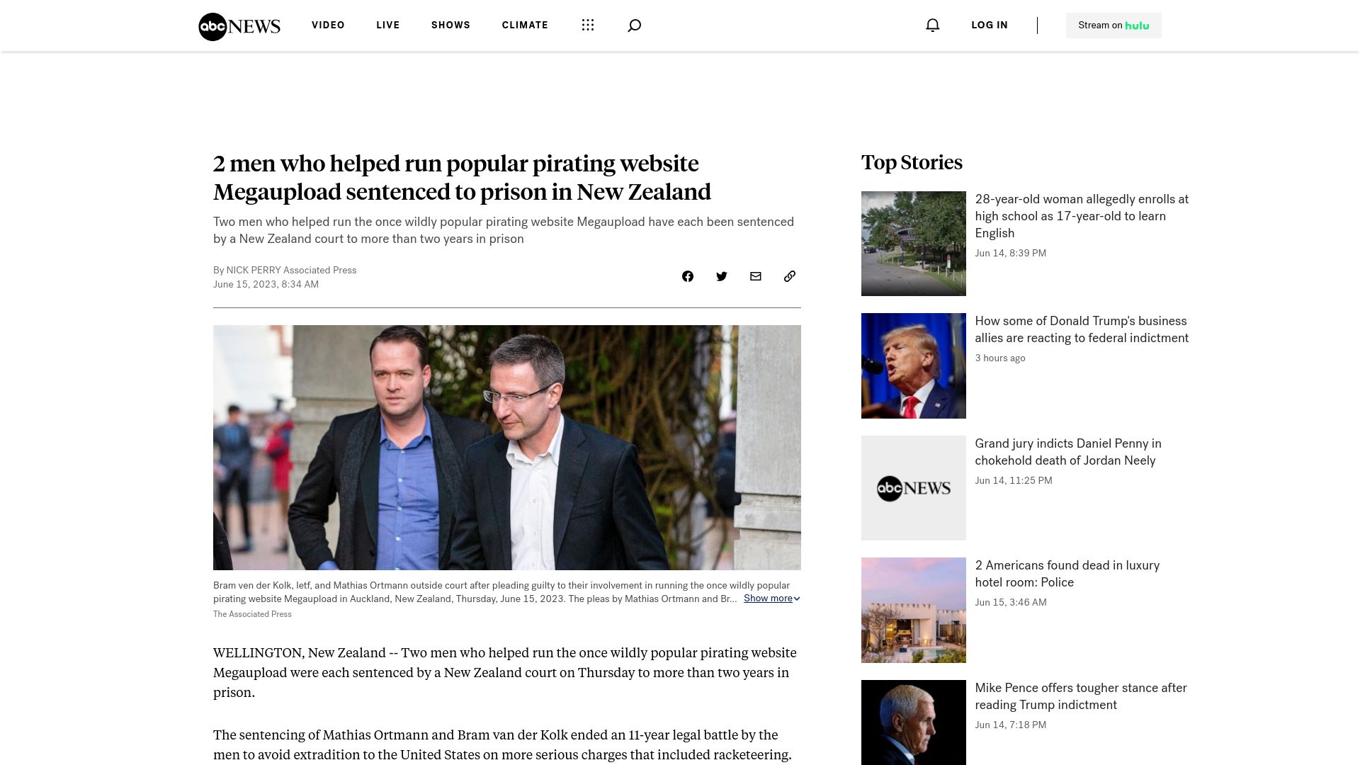 Screenshot of abcnews.go.com: Men who helped run Megaupload sentenced to prison in New Zealand
