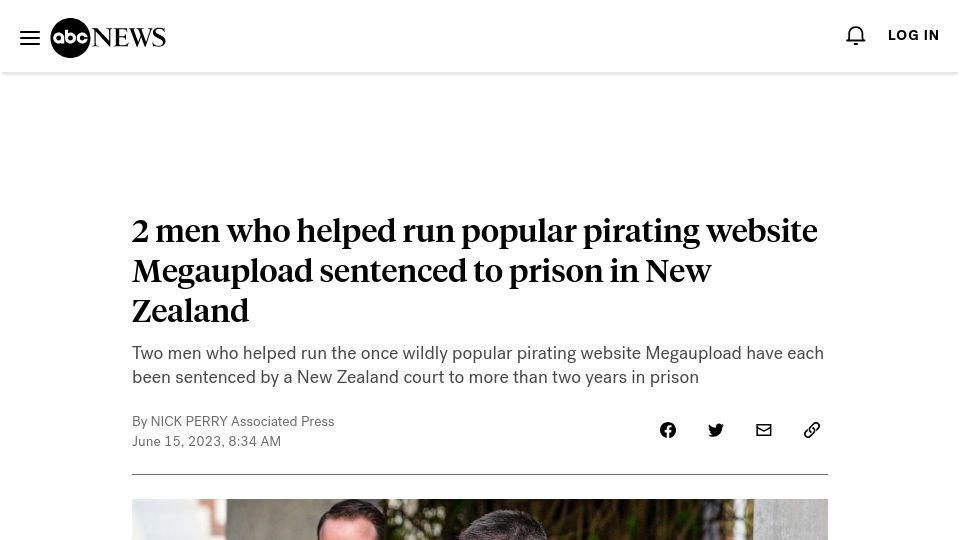 Screenshot of abcnews.go.com: Men who helped run Megaupload sentenced to prison in New Zealand