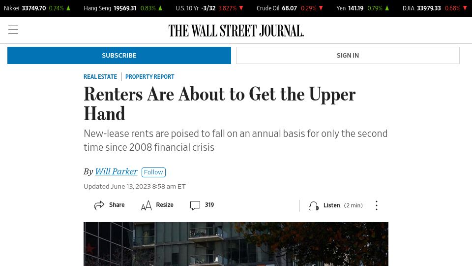 Screenshot of wsj.com: Apartment rent growth is declining, shifting the market to the tenant’s favor