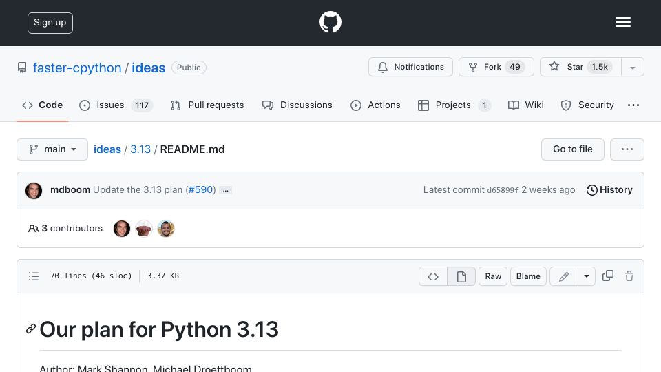 Screenshot of github.com: Our Plan for Python 3.13
