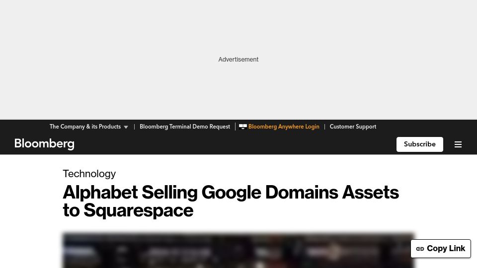 Screenshot of bloomberg.com: Alphabet selling Google Domains assets to Squarespace