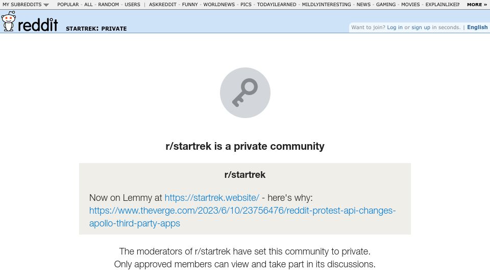 Screenshot of old.reddit.com: /r/startrek/ migrates to lemmy