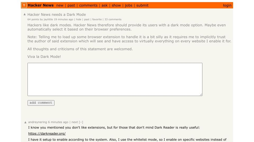 Screenshot of Hacker News post: Hacker News needs a Dark Mode