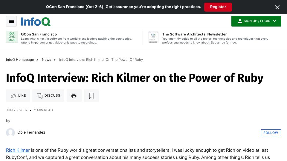 Screenshot of infoq.com: Rich Kilmer on the Power of Ruby (2007)