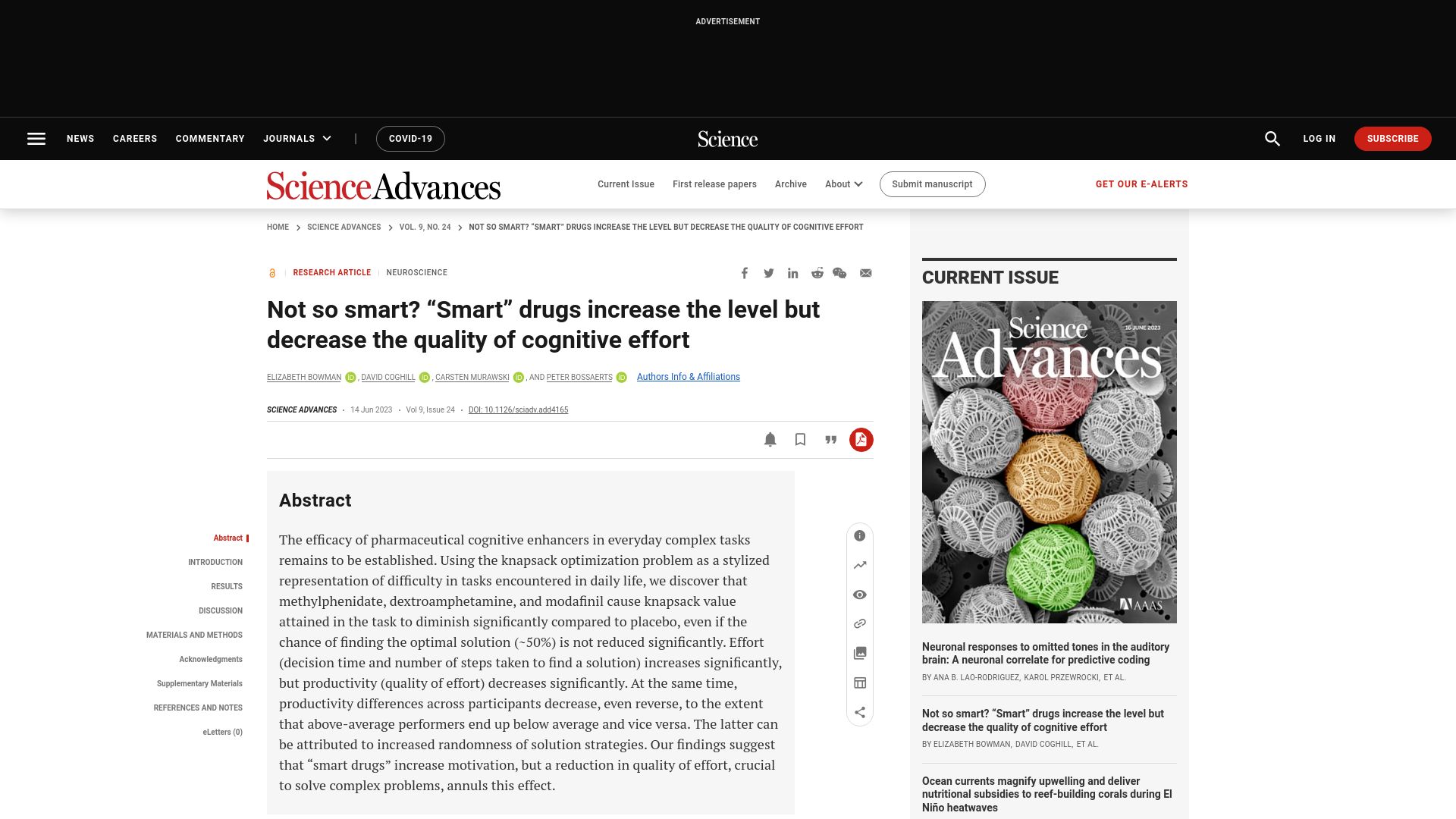 Screenshot of science.org: Drugs like ritalin, dexamphetamine decrease the quality of cognitive effort