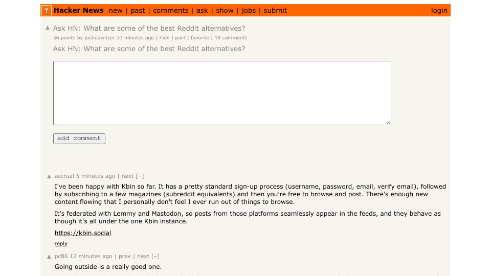 Screenshot of Hacker News post: Ask HN: What are some of the best Reddit alternatives?