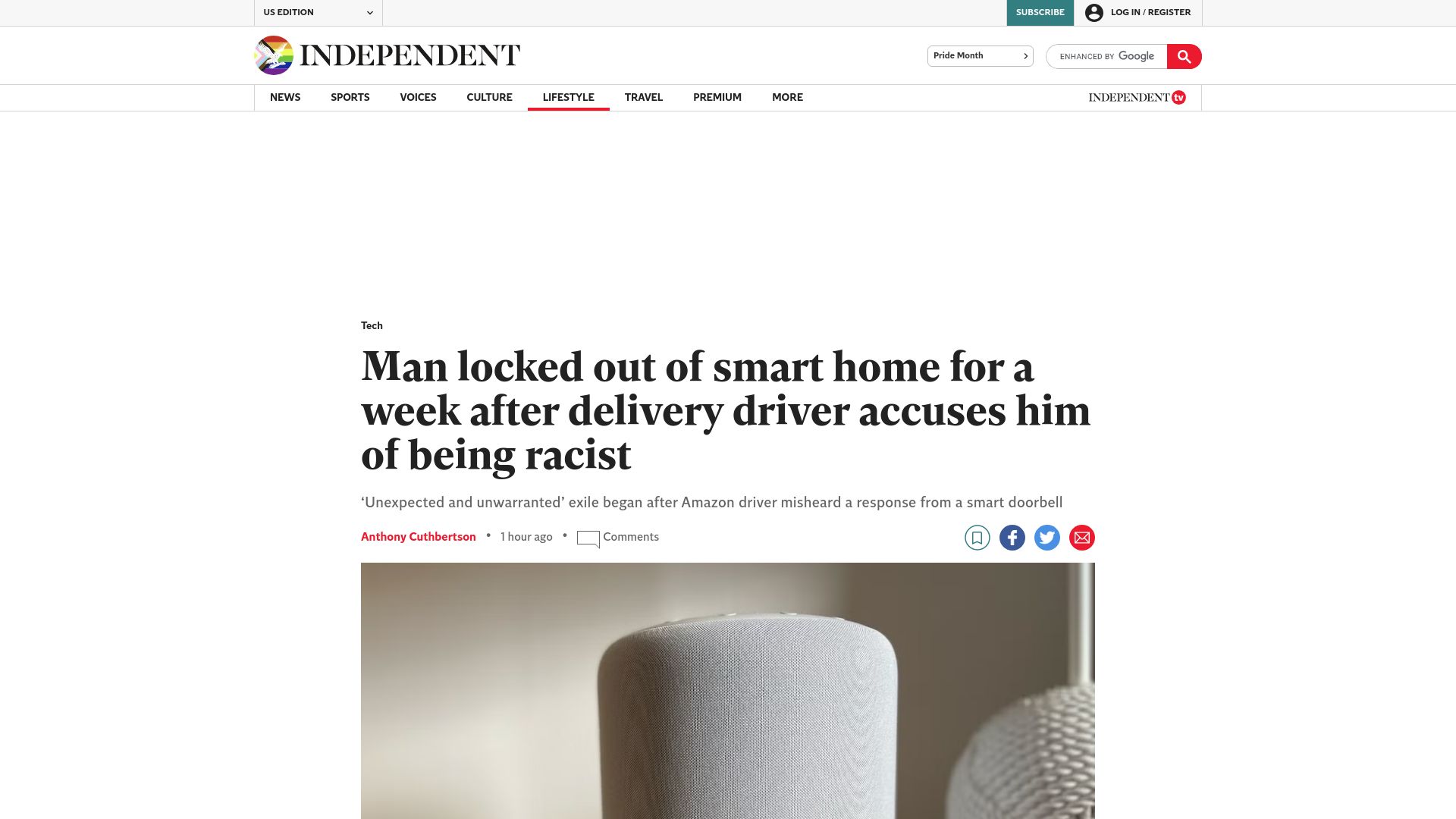 Screenshot of independent.co.uk: Man locked out of smart home for a week after driver accuses him of being racist