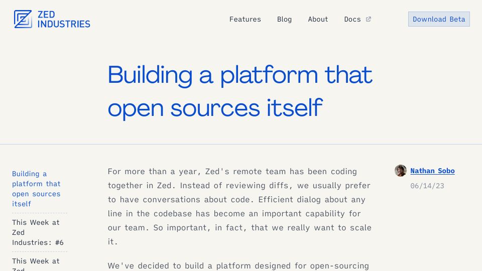 Screenshot of zed.dev: Building a platform that open sources itself