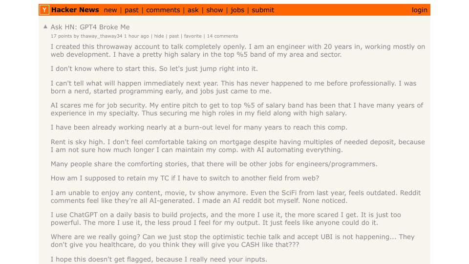 Screenshot of Hacker News post: Ask HN: GPT4 Broke Me