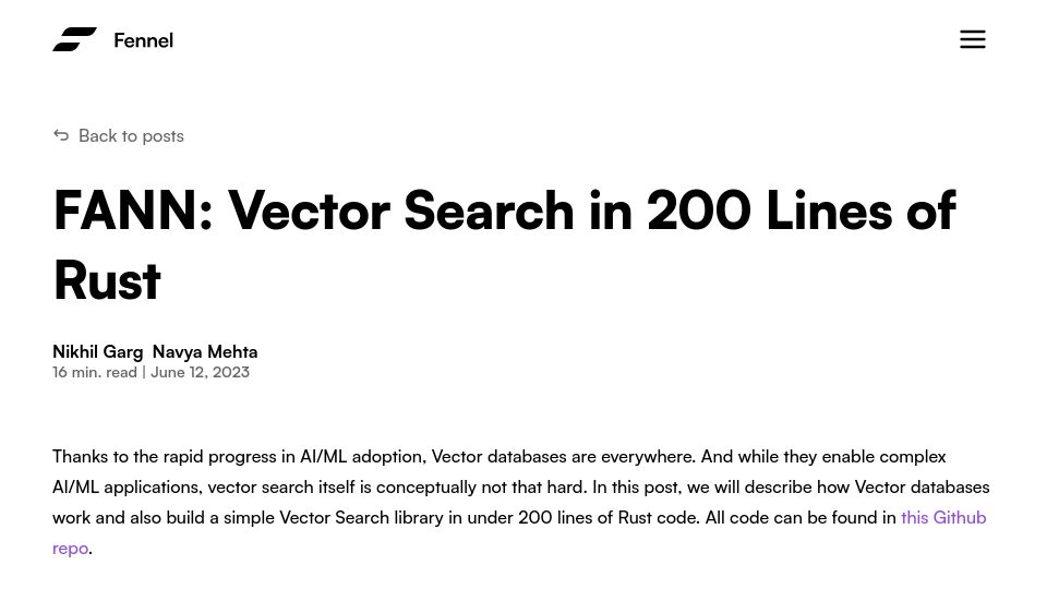 Screenshot of fennel.ai: FANN: Vector Search in 200 Lines of Rust