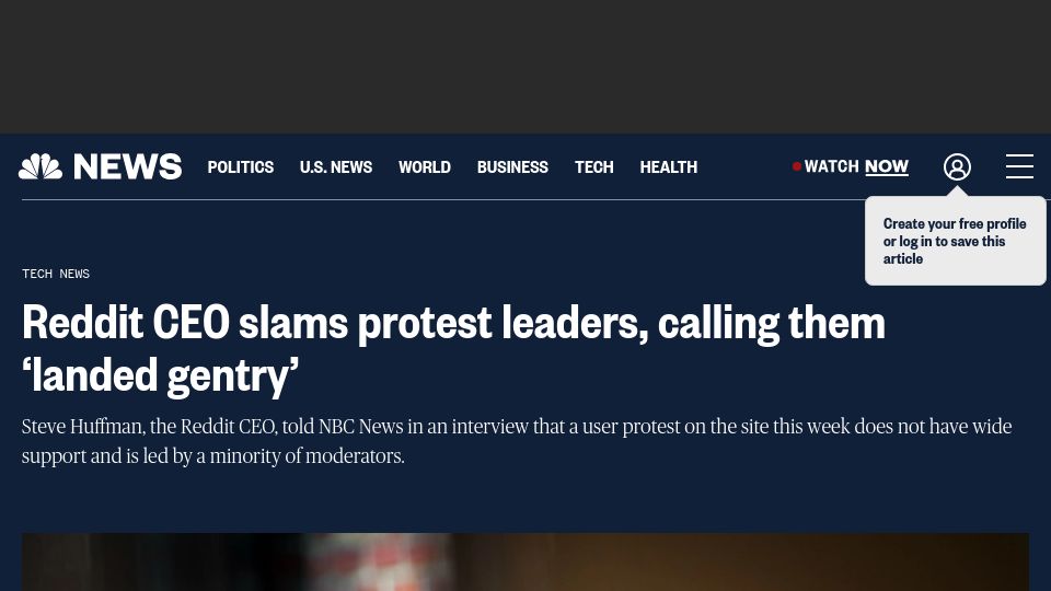 Screenshot of nbcnews.com: Reddit CEO slams protesters, calls them “landed gentry”