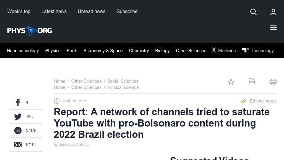 Screenshot of phys.org: Network of channels tried to saturate YouTube with pro-Bolsonaro content