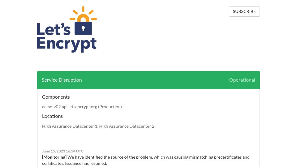 Screenshot of letsencrypt.status.io: Let's Encrypt Acme API Outage