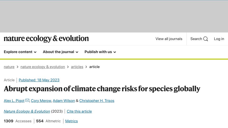 Screenshot of nature.com: Abrupt expansion of climate change risks for species globally