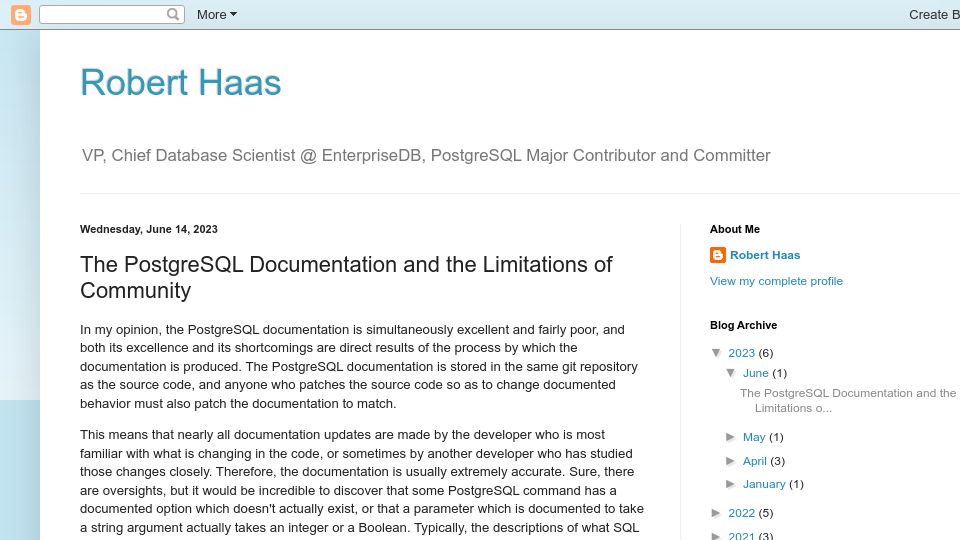 Screenshot of rhaas.blogspot.com: The PostgreSQL documentation and the limitations of community