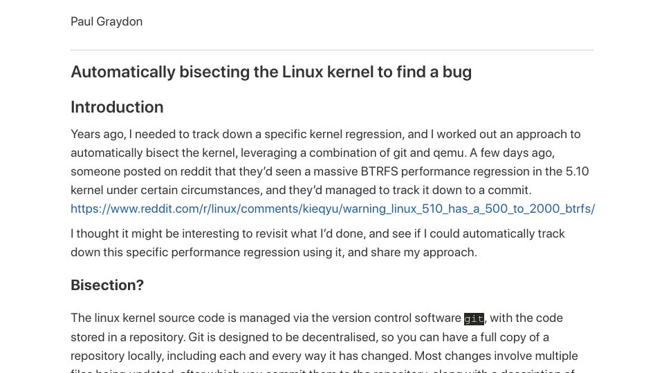Screenshot of paulgraydon.co.uk: Automatically bisecting the Linux kernel to find a bug (2020)