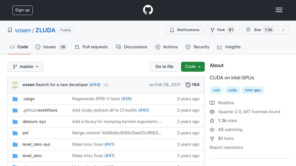 Screenshot of github.com: Zluda: Run CUDA code on Intel GPUs, unmodified
