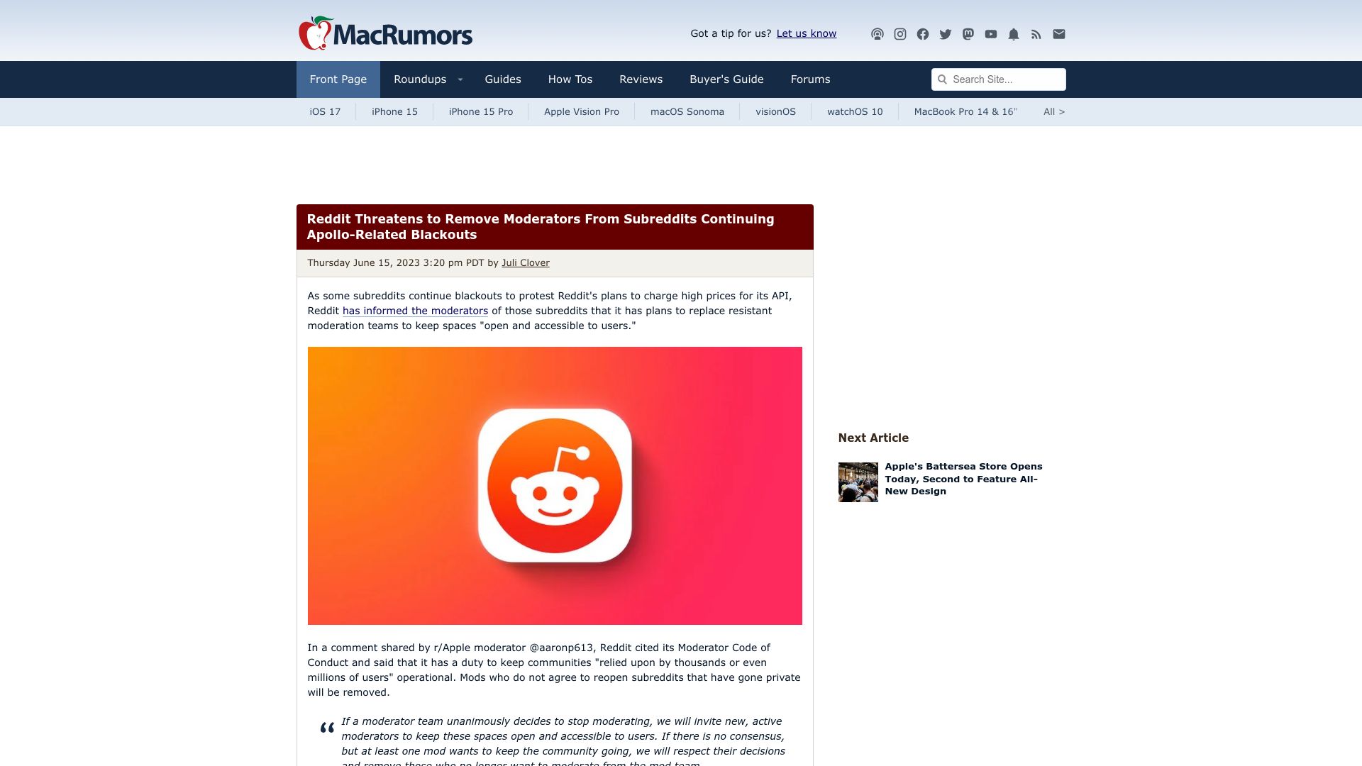 Screenshot of macrumors.com: Reddit Threatens to Remove Moderators from Subreddits Continuing Blackouts