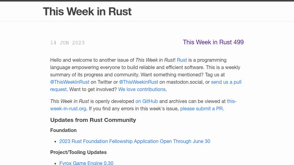 Screenshot of this-week-in-rust.org: This Week in Rust 499