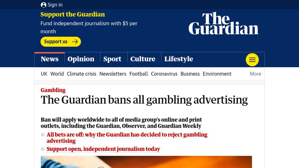 Screenshot of theguardian.com: The Guardian bans all gambling advertising