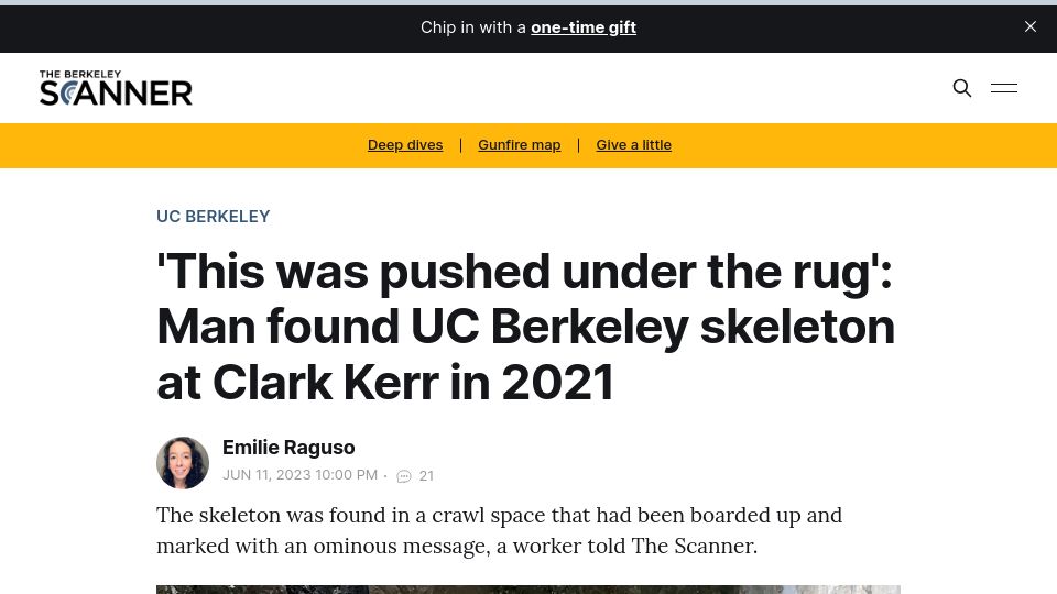 Screenshot of berkeleyscanner.com: Man found UC Berkeley skeleton in 2021