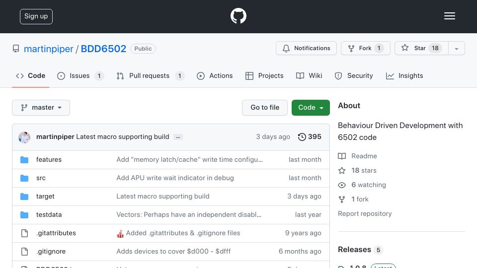 Screenshot of github.com: Behaviour Driven Development with 6502 code