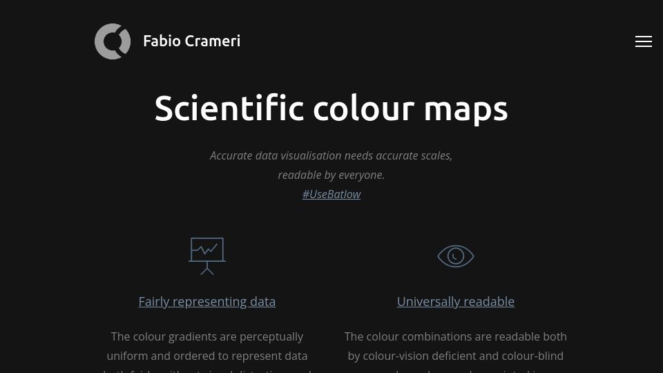Screenshot of fabiocrameri.ch: Scientific colour maps