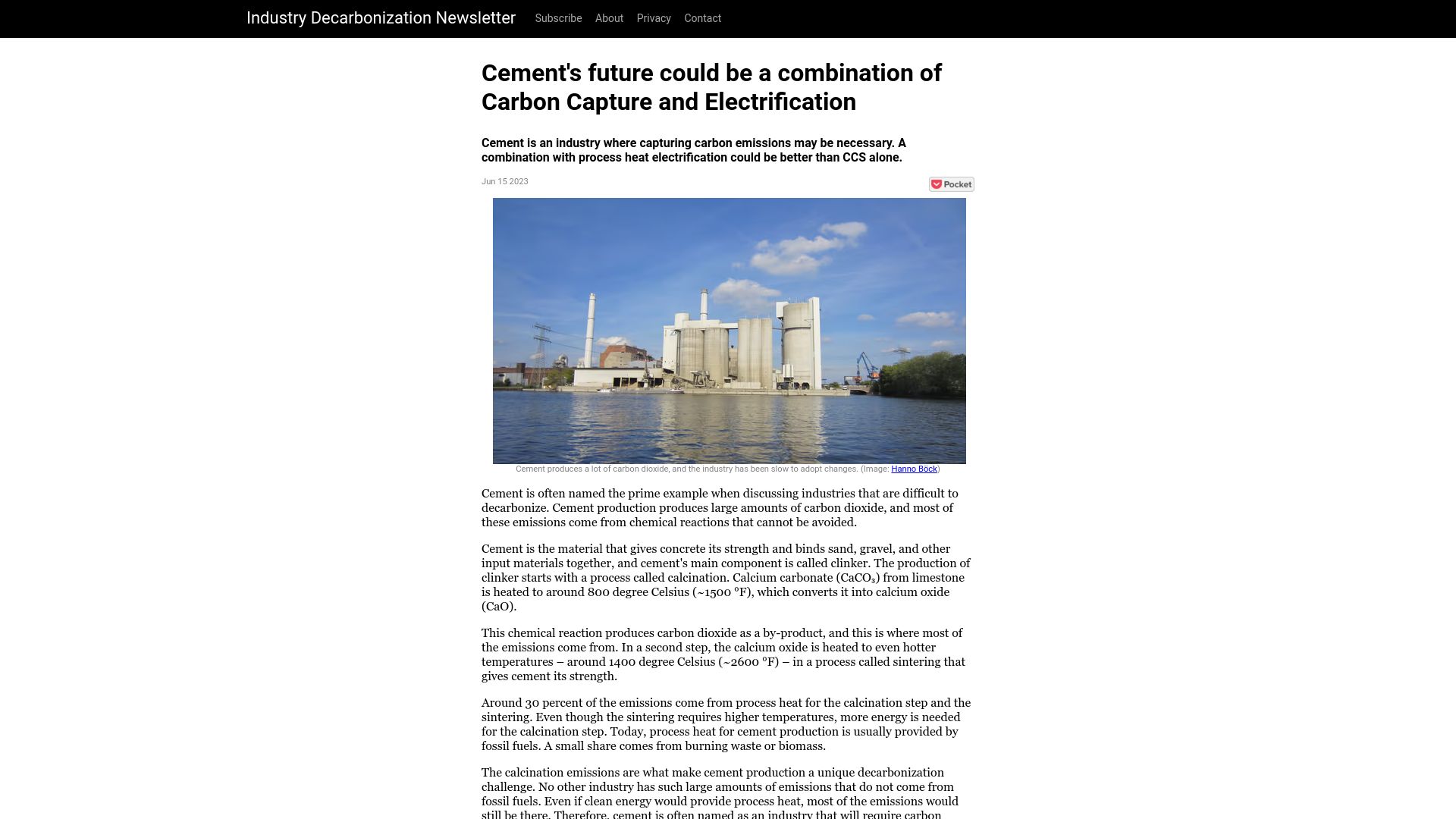 Screenshot of industrydecarbonization.com: Cement's future could be a combination of carbon capture and electrification